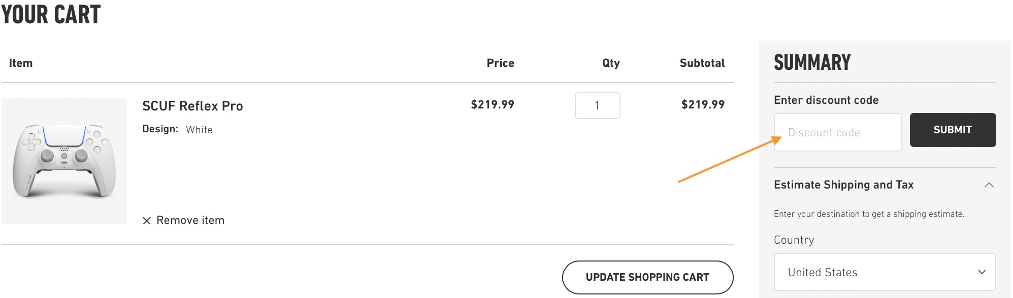 Image showing the cart and where the discount code can be added which is on the right panel of the screen in the 'enter discount code' field