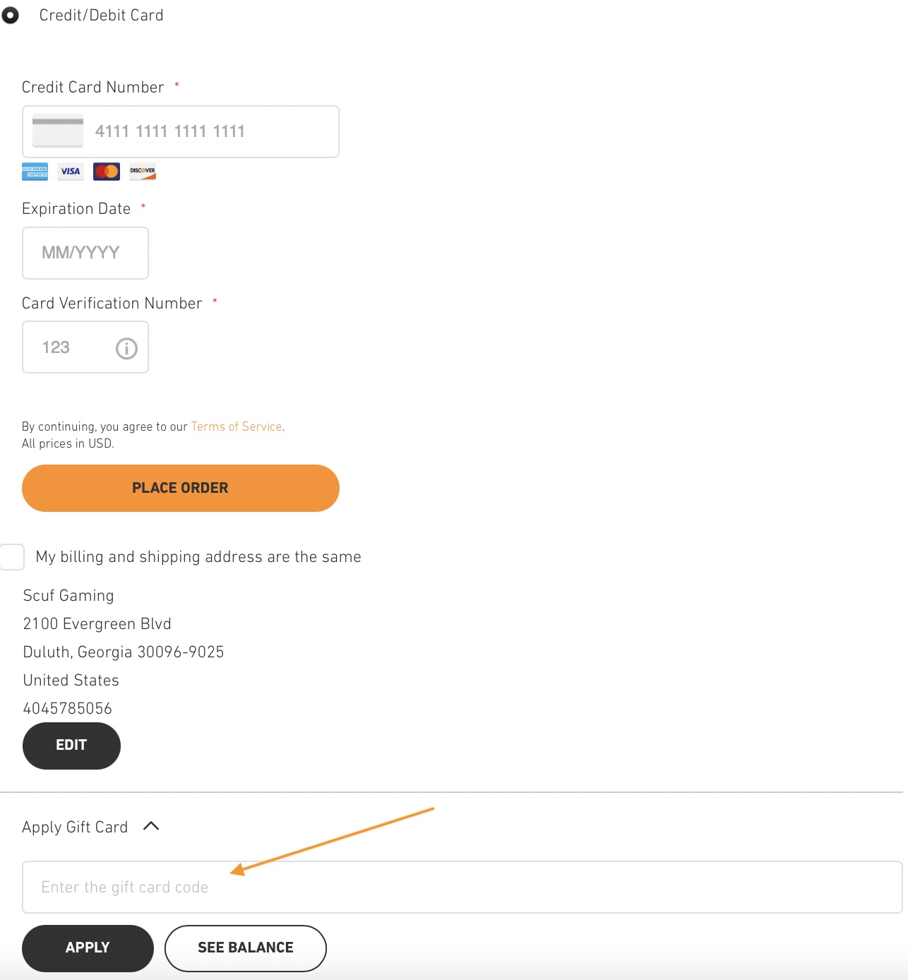Image showing your payment information. with card information, expiration date, verification number, billing address, and the field to add the gift card code