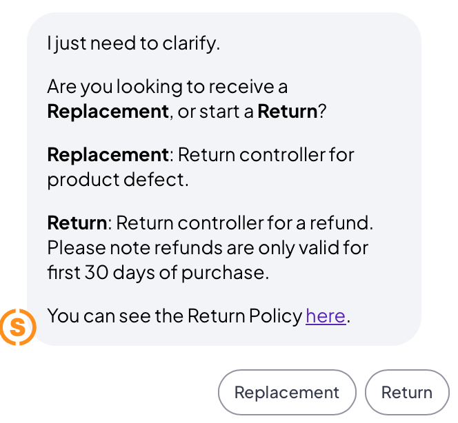 Looking for replacement, type replacement. Looking for return, type return