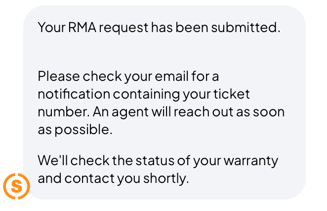 Image montrant que votre RMA a été soumis. Vous recevrez un email une fois que nous aurons vérifié votre demande