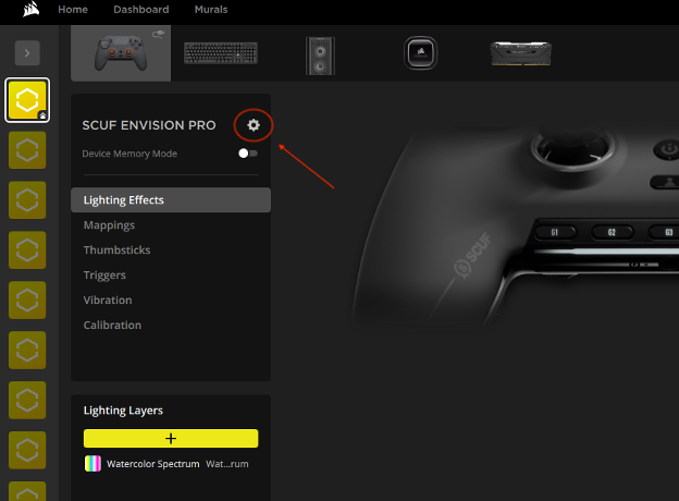 Haz clic en el engranaje, junto a "scuf envision pro"