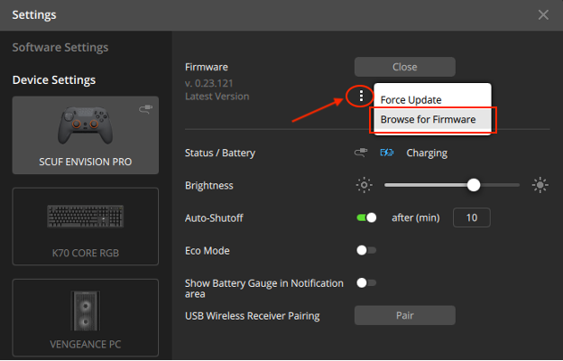 Haz clic en los 3 puntos y ve a "buscar firmware"
